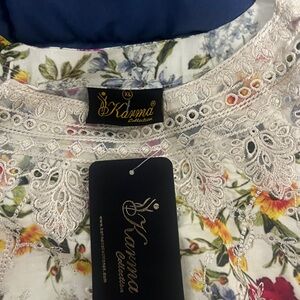 Karma Floral Lace Trim Dress - White with Multicolor Flowers